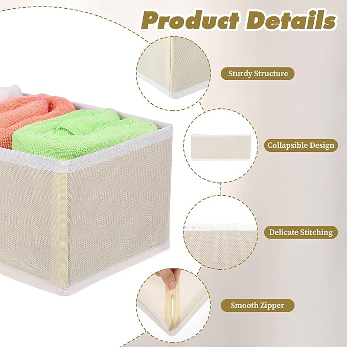 12 Pack Linen Drawer Organizer Set – Collapsible Fabric Storage Bins for Baby Clothes, Diapers, Socks, Bras & More (Beige, 3 