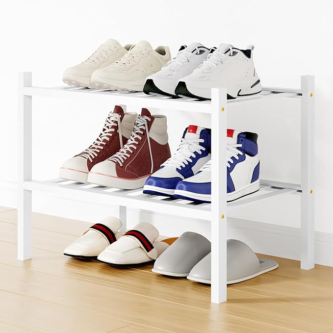 Smiry Shoe Rack, 2 Tier Small Bamboo Shoe Organizer, Stackable Free Standing Wooden Shoe Storage Shelf for Closet, Entryway, 