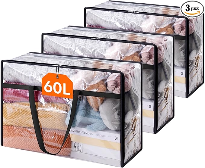 Lifewit 3 Pack Clear Clothes Storage Bags, 60L Plastic Blanket Storage Bag, Vinyl Foldable Moving Bags with Zipper, Closet Or