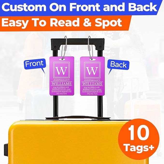 10 PCS Personalized Luggage Tags, Custom Engraved Aluminum Luggage Tags for Family, Metal Luggage Tags for Suitcases, Backpac