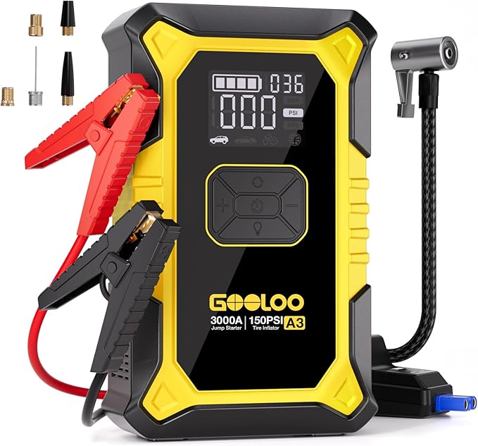 GOOLOO A3 Jump Starter with Air Compressor, 3000A Portable Car Battery Jumper Starter (9.0L Gas/6.5L Diesel) with