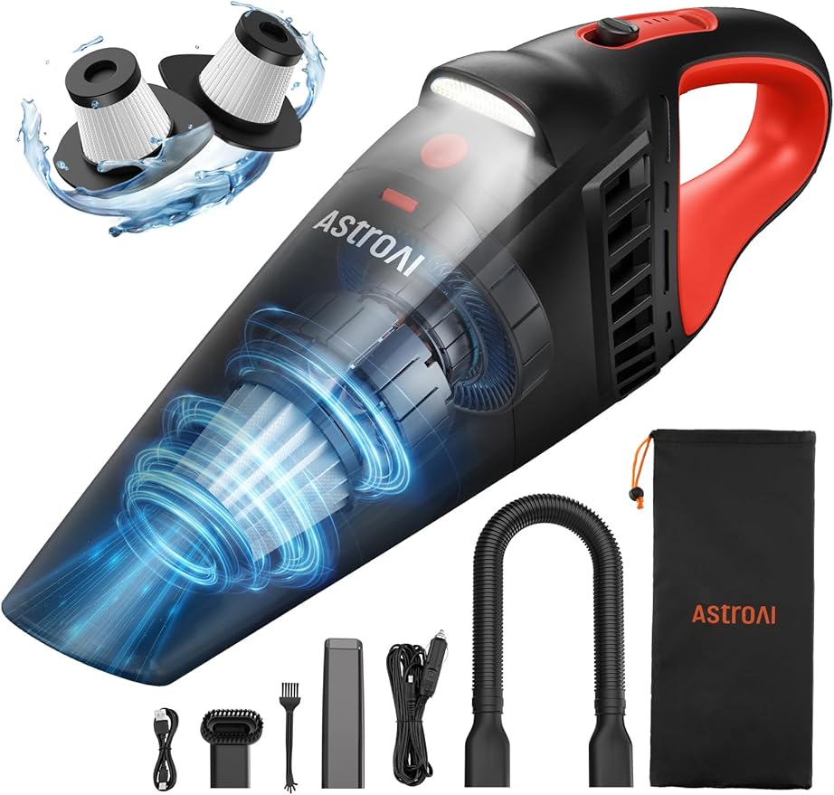 AstroAI Handheld Car Vacuum Cordless with Accessories, Portable Vacuum Cleaner with 12V DC Power, LED Light, Brush, Extended 