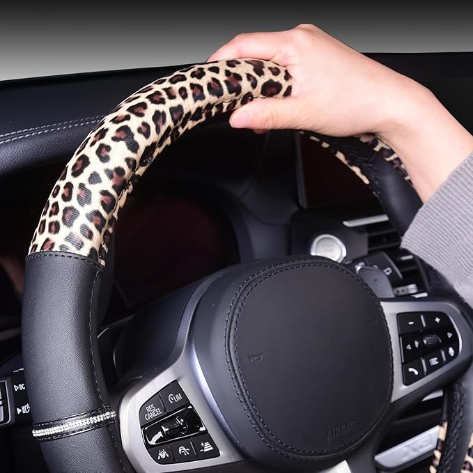 AUTOYOUTH Leopard Steering Wheel Cover - Bling Crystal Rhinestones Cheetah Print on Leather Non-Slip Breathable Design for Wo
