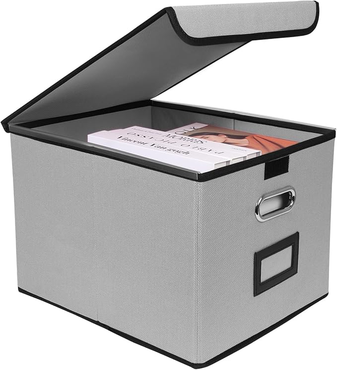 File Storage Box with Lid, 15.55x12.87x10.43 Inches, Foldable Organizer with Handles & Label Slot, for File Storage, Home, Of