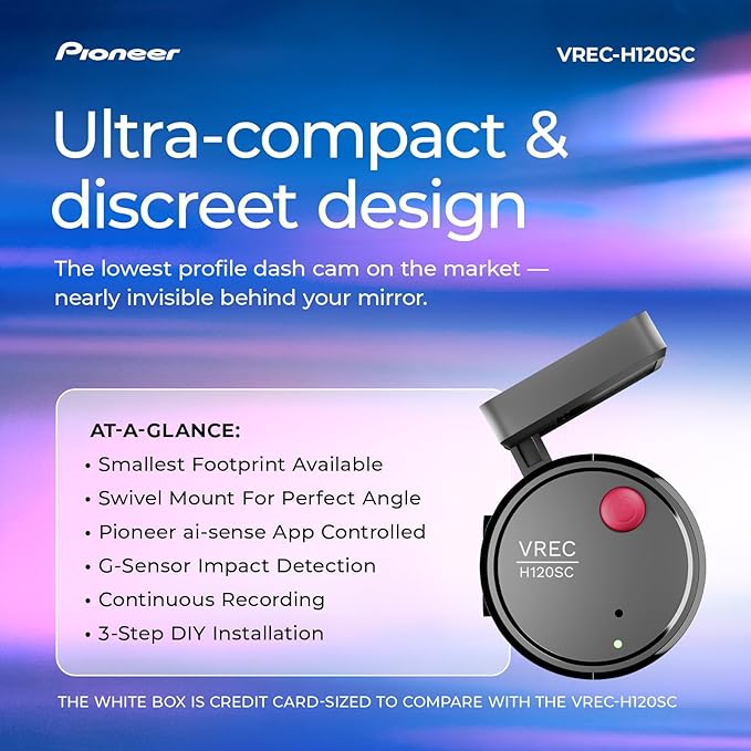 Pioneer VREC-H120SC Compact Dash Camera – Discreet 1.5K Resolution Front Dash Cam for Cars with Impact Detection, 120 Degree 