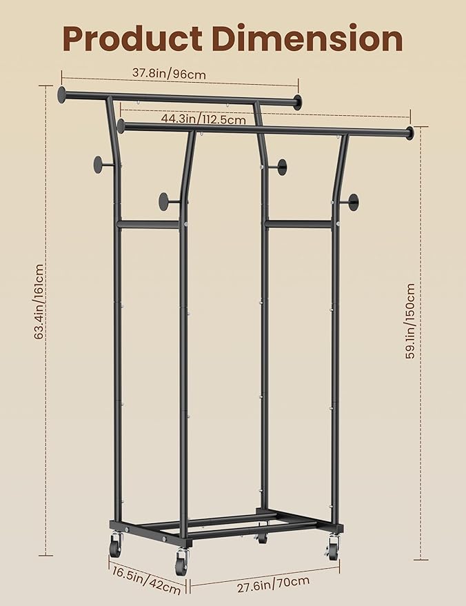 Double Rods Clothes Rack, Rolling Clothing Rack with Wheels, Metal Clothing Racks for Hanging Clothes, Portable Garment Rack 