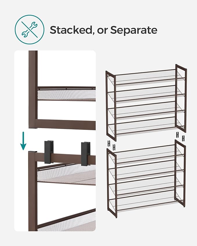 SONGMICS Shoe Rack, 8-Tier Shoe Organizer, Metal Rack for Garage, Set of 2, 4-Tier Stackable Shelf, with Adjustable Flat or A
