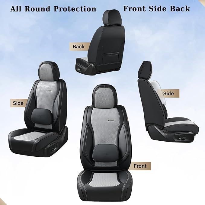 Coverado Car Seat Covers Full Set, Black Gray Seat Covers for Cars, Waterproof Nappa Leather Automotive Seat Covers with Lumb