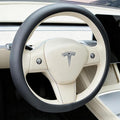 Black Tesla Nappa Leather Steering Wheel Cover, Model 3/Y Accessories, Comfort Grip, Anti-Slip Breathable, Compatible with Te