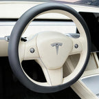 Black Tesla Nappa Leather Steering Wheel Cover, Model 3/Y Accessories, Comfort Grip, Anti-Slip Breathable, Compatible with Te