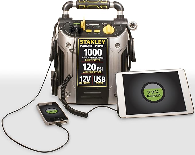 STANLEY J5C09 1000 Peak Amp Automotive Jump Starter, Portable Power - 2.1A/10W USB Port, 12V Outlet, 120 PSI Air Compressor