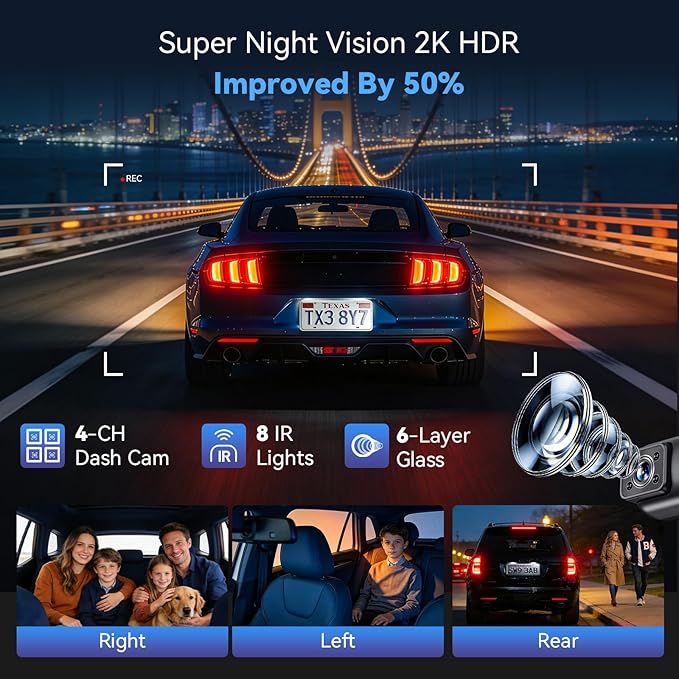 AZDOME 4 Channel Dash Cam 360°View,2K Dash Camera for Cars,Front and Rear Left Right Wireless Car Camera,Find My & APP Contro