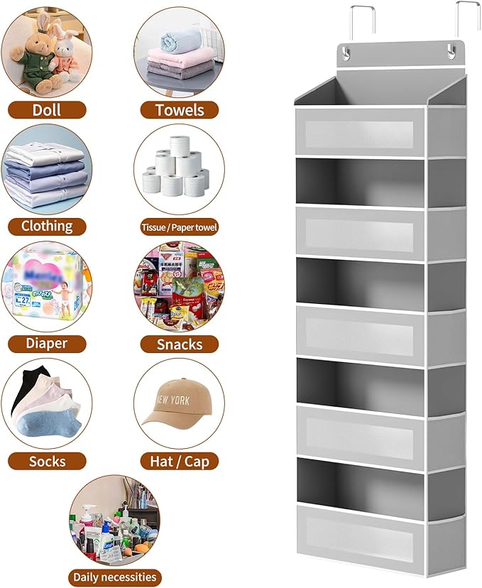 Over The Door Organizer, Over the Door Storage with 5 Large 10 Side Pockets, Hanging Door Organizer 44 lb Load Behind Door St