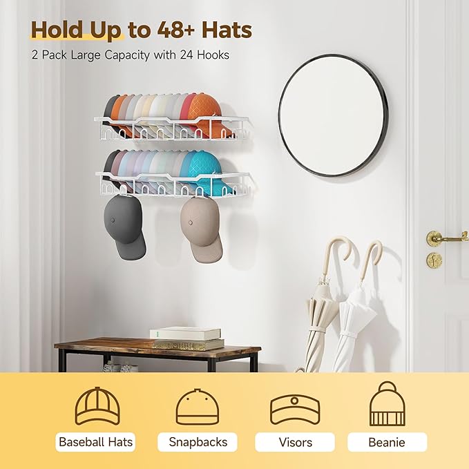 Nicetree Hat Racks for Baseball Caps Wall - Metal Hat Organizer for 48 Baseball Caps Holder, 2 Pack Hat Storage Organizer for