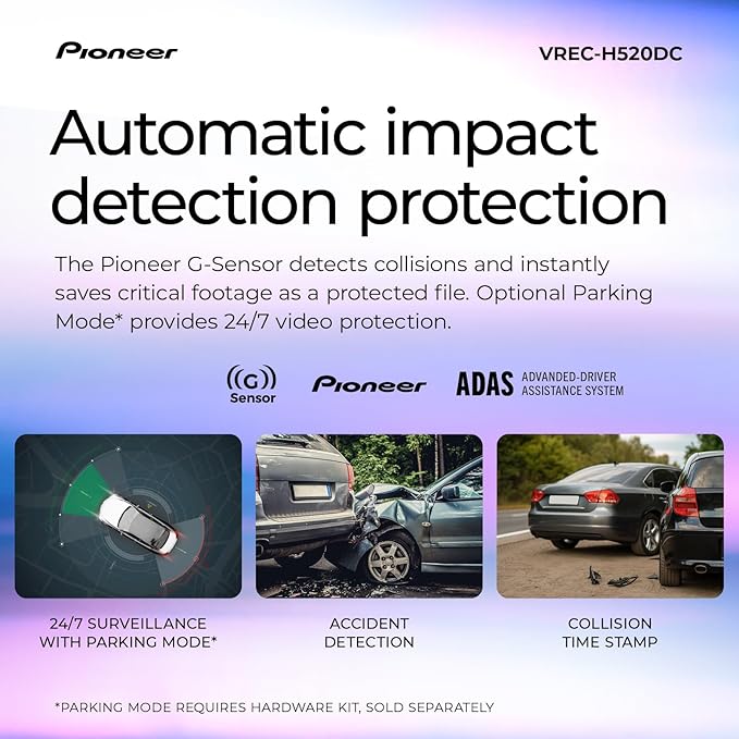 Pioneer VREC-H520DC Dual Dash Cam Front and Rear Car Camera - Large Screen, 2K Resolution, Starvis Night Vision, 140 Degree W