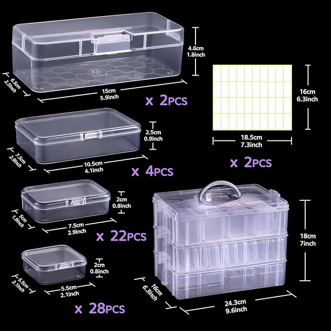 Funtopia Bead Organizers and Storage, 56 Pcs Small Plastic Containers with Lids and 3-Tier Stackable Storage Box, Mini Clear 