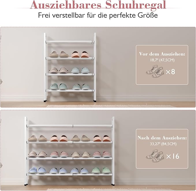 Bumusty 4-Tier Expandable Shoe Rack for Closet, 18“-33” Adjustable Shoe Rack for Small Space, Small Shoe Organizer for Front 