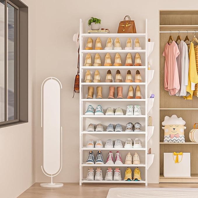 LUKYTOWER Tall Shoe Rack 10 Tier Shoe Racks Organizer for Closet 30-35Pairs,Large Capacity Storage Rack for Shoes with 5Hooks