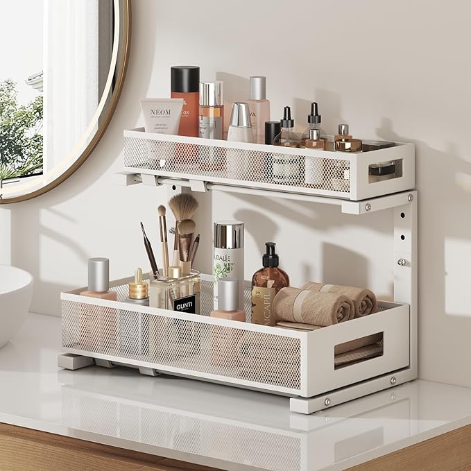 2 Pack 17IN Depth Under Sink Storage Organizer, Large 2-Tier Elegant Mesh Pull Out Shelf for Kitchen and Bathroom Cabinet Org