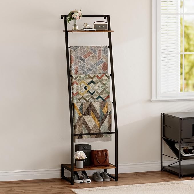Nuoex Blanket Ladder with Shelf, 6 Layer Wall-Leaning Blanket Rack, Farmhouse Blanket Shelf for Storage and Home Decor, Frees
