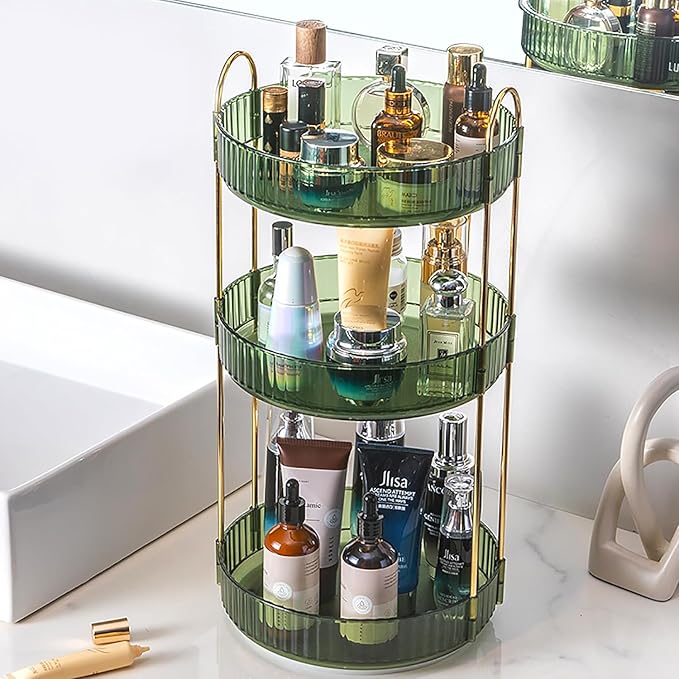 Rotating Makeup Organizer Countertop 3 Tier Lazy Susan Trays Clear Skincare Perfume Storage for Bathroom Counter Vanity, Gree