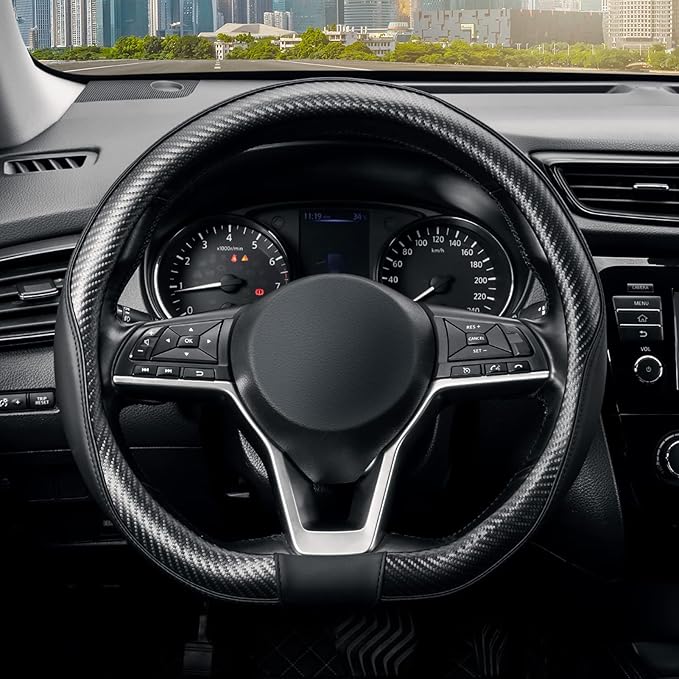 SEG Direct Flat Bottom Steering Wheel Cover Carbon Fiber, D Shaped Car Wheel Cover 14 1/2-15 in. (37-39 cm), Black Microfiber