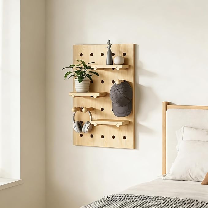 HJZALMI Pegboard Wall Organizer, Wood Pegboard Combination Kit with Shelves & Hooks, Modular Peg Board Panels Storage System 