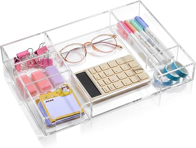 Briwooody Acrylic Drawer Organizer Clear Desk Drawer Organizer Trays with Adjustable Compartments Desk Accessories for Office