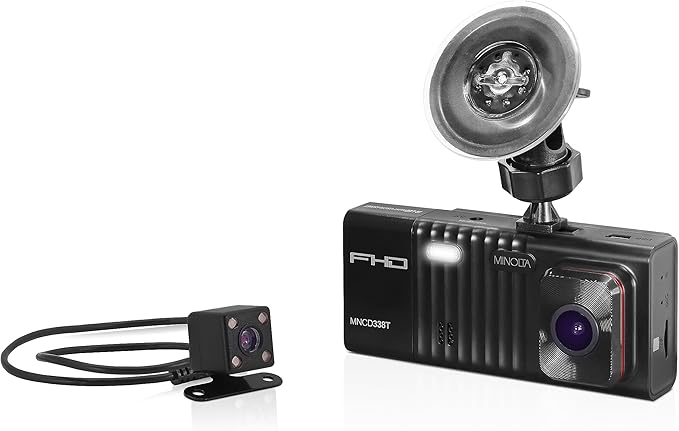 Minolta Dash Camera – 3-Channel 1080P Car DVR with Rear & Interior Cam, Night Vision, 3.0” LCD Screen, G-Sensor, Loop Recordi