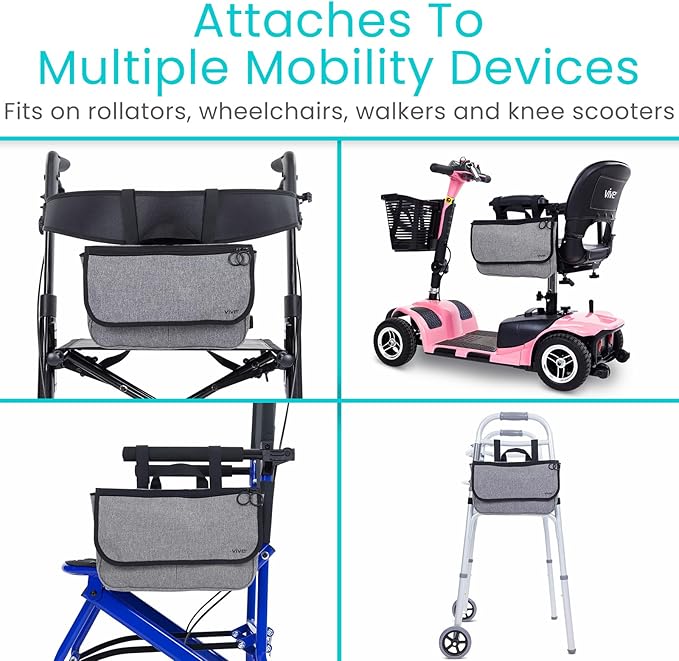 Vive Wheelchair Carry Bag - Arm Rest Pouch for Rollator, Walkers, Power Wheel Chairs and Knee Scooters - Side Storage Organiz