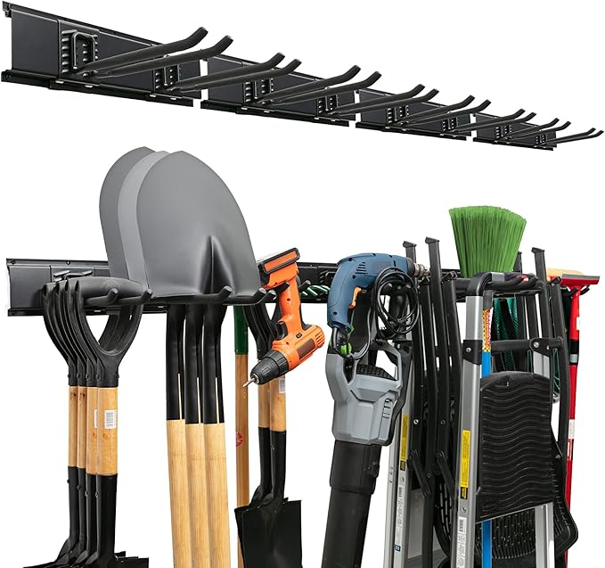 TIDYME Garage Tool Organizer Wall Mount - 64 inches - Sturdy Storage Rack with Adjustable Hooks, Anti-Rust - Easy Installatio