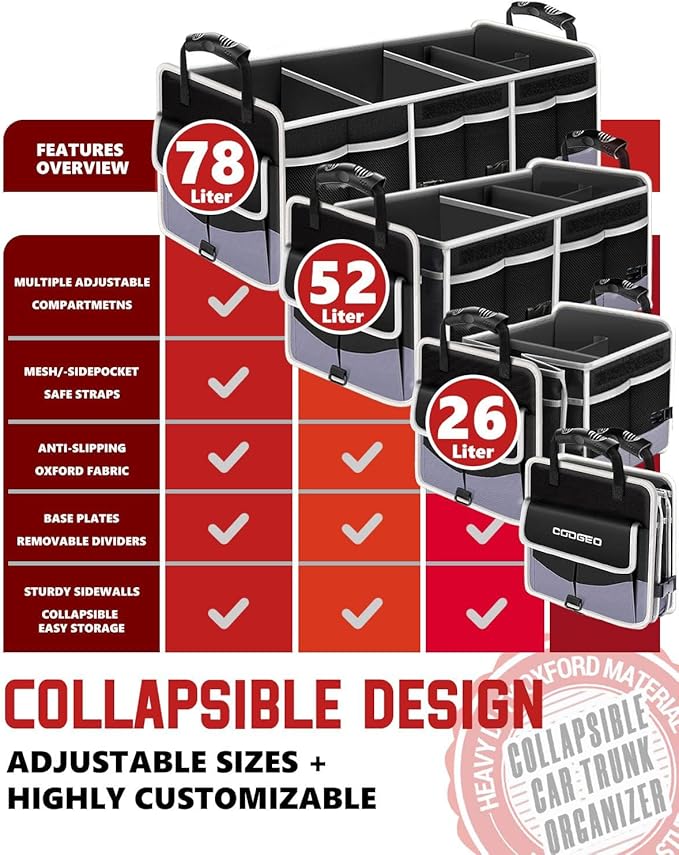 Car Trunk Organizer with Portable Leak Proof Cooler Bag, 3 Compartments Collapsible Car Organizers and Storage with Foldable C