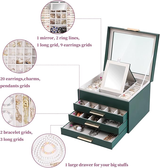 BOOVO Clear Lid Jewelry Box,4 Layers Jewelry Organizer Large Jewelry Storage Box with 3 Drawers,Jewelry Holder Organzier of R