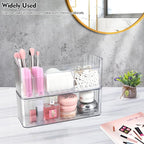 Poeland 2 Pack Stackable Makeup Organizer Tray, Transparent Cosmetic Display Case with 2 Lipstick Cases and 2 Cotton Swab Pad
