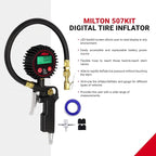 Milton 507KIT Digital Tire Inflator Car Accessories w/Accurate Air Tire Pressure Gauge, 14” Rubber Air Hose – 250 PSI, Brass Lock-On Clip Air Chuck and Compressor Accessories
