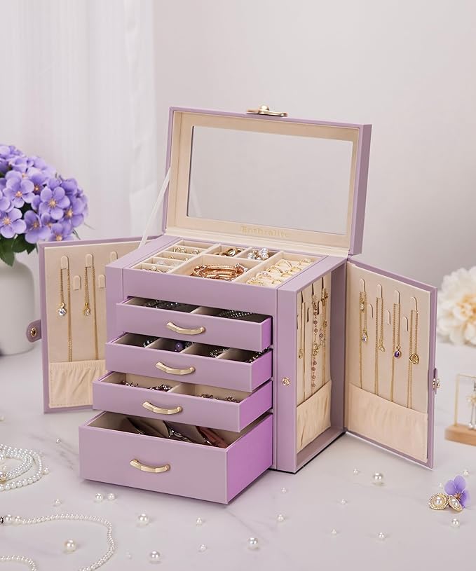 Enthralite Jewelry Box with 4 Drawers: Display Organizer for Earrings Necklaces - Gifts for Girls Women (Grey Purple)