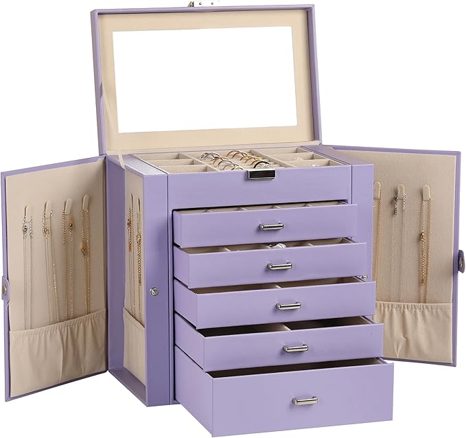 Frebeauty Large Jewelry Box,6-Tier PU Leather Jewelry Organizer,Multi-functional Storage Case with Mirror,Accessories Holder 