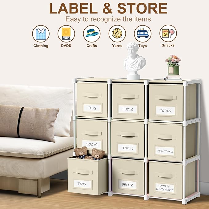 Geelin 9 Cube Storage Organizer with Fabric Bins and Labels 11 Inch, Fabric Collapsible Cubby Clothes Storage Drawer Dresser 