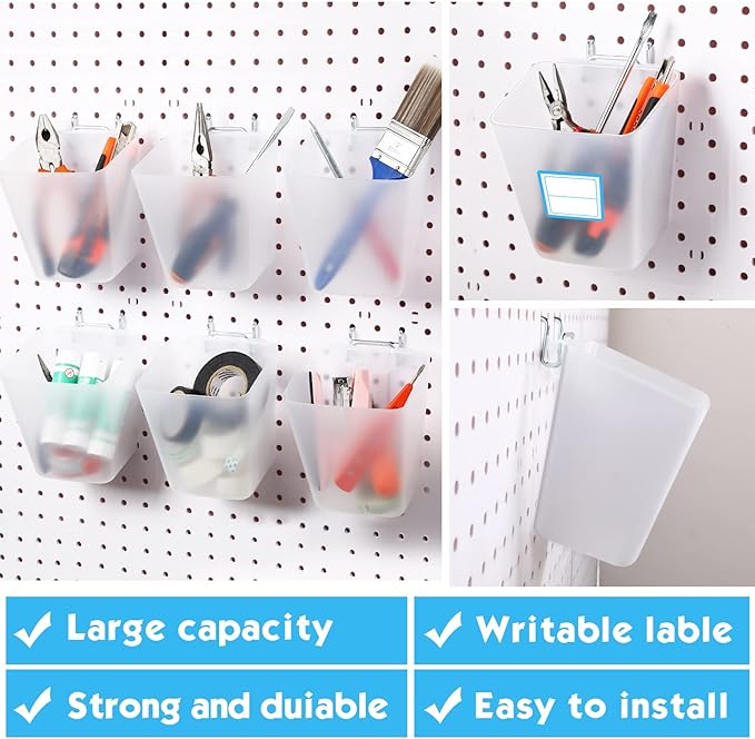 Namalu 12 Pack Pegboard Storage Bins with Labels and Hooks Bulk Peg Board Organizer Accessories Hanging Cup Organizer Pegboar