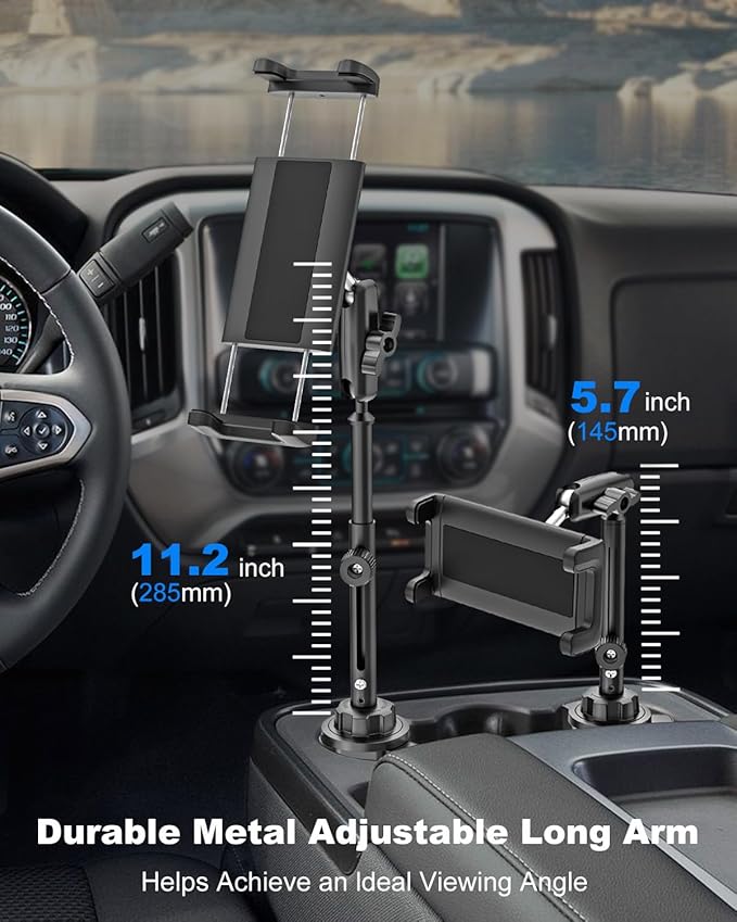 iPad Cup Holder Car Mount Heavy Duty [Height Adjust] Metal Long Arm Cup Holder Tablet Mount for Car, Truck, Compatible with 4.7-13" iPad Pro Air Mini, Galaxy Tab, iPhone, Cell Phone
