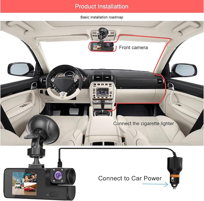 WiFi 1080P 3 Channel Dash Camera for Car Front and Inside Dashcam Car Security Video Recorder,170°Wide Angle Vehicle Cam,WDR,