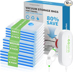 12 Pack Vacuum Seal Bags for Clothing Travel with -60000Pa USB Pump, Save 80% of Space for Clothes (12 Combo)