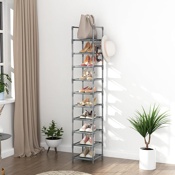 LANTEFUL Narrow Shoe Rack 10-Tier Tall Shoe Organizer Skinny Shoe Shelf Storage for 10-15 Pairs Shoe and Boot, Space Saving C