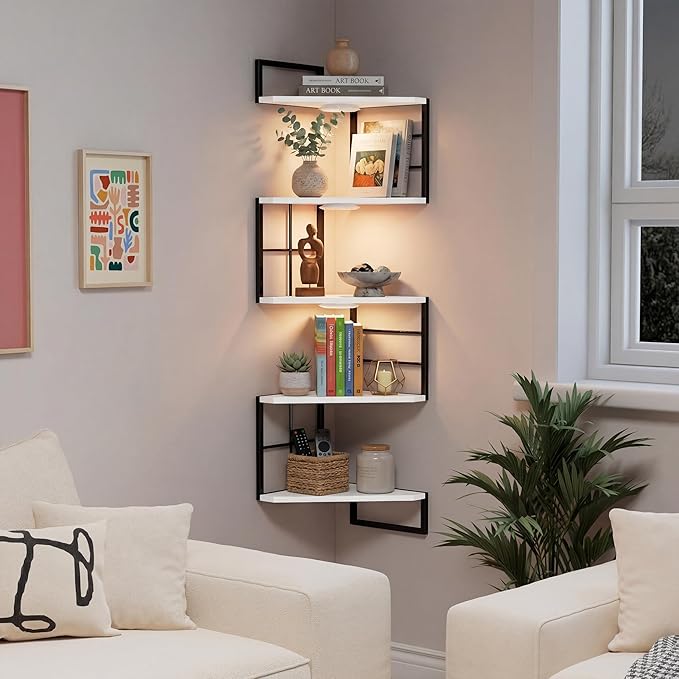 Corner Floating Shelves with Lights - 5 Tiers Corner Shelf Wall Mounted, Bookshelf with LED Light, Floating Shelves for Wall,