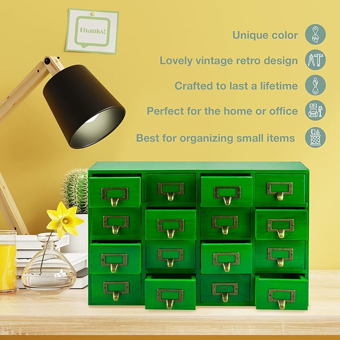 Emerald Green Wood 16-Drawer Apothecary Small Cabinet - 20"x3.6”x14” Card Catalog Style Table Top Organizer - Wooden Storage 