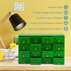 Emerald Green Wood 16-Drawer Apothecary Small Cabinet - 20"x3.6”x14” Card Catalog Style Table Top Organizer - Wooden Storage 
