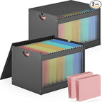 Hanging File Box Organizer for Letter Size, 2 Pack Bamboo Acrylic File Folder Storage with Lid Clear Moving Boxes Wood with H