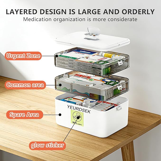 3-Tier Medicine Organizer & Portable Medicine Cabinet - Multifunctional Medical Case with Handle & Snap Locks, Removable 6-Co