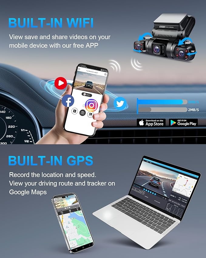 PRUVEEO 360° 4 Channel Dash Cam Front and Rear Inside Left Right, Dash Camera for Cars, Built-in GPS WiFi Night Vision, 24/7 