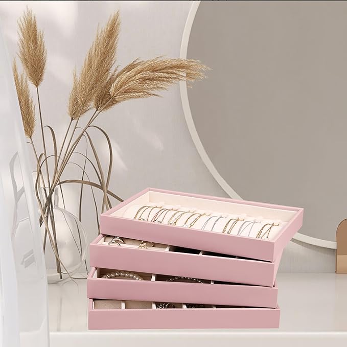 LANDICI Stackable Jewelry Organizer Trays 4 Set,PU Leather Jewelry Organizer Drawer,Jewelry Storage Display Tray for Earring 
